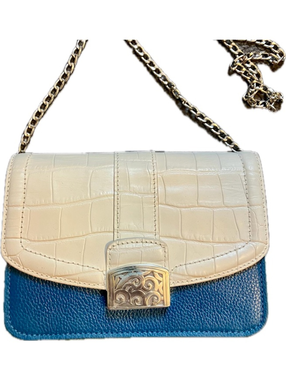Vintage Brighton Two-Tone Croc-Embossed Leather Crossbody - Cream & Blue